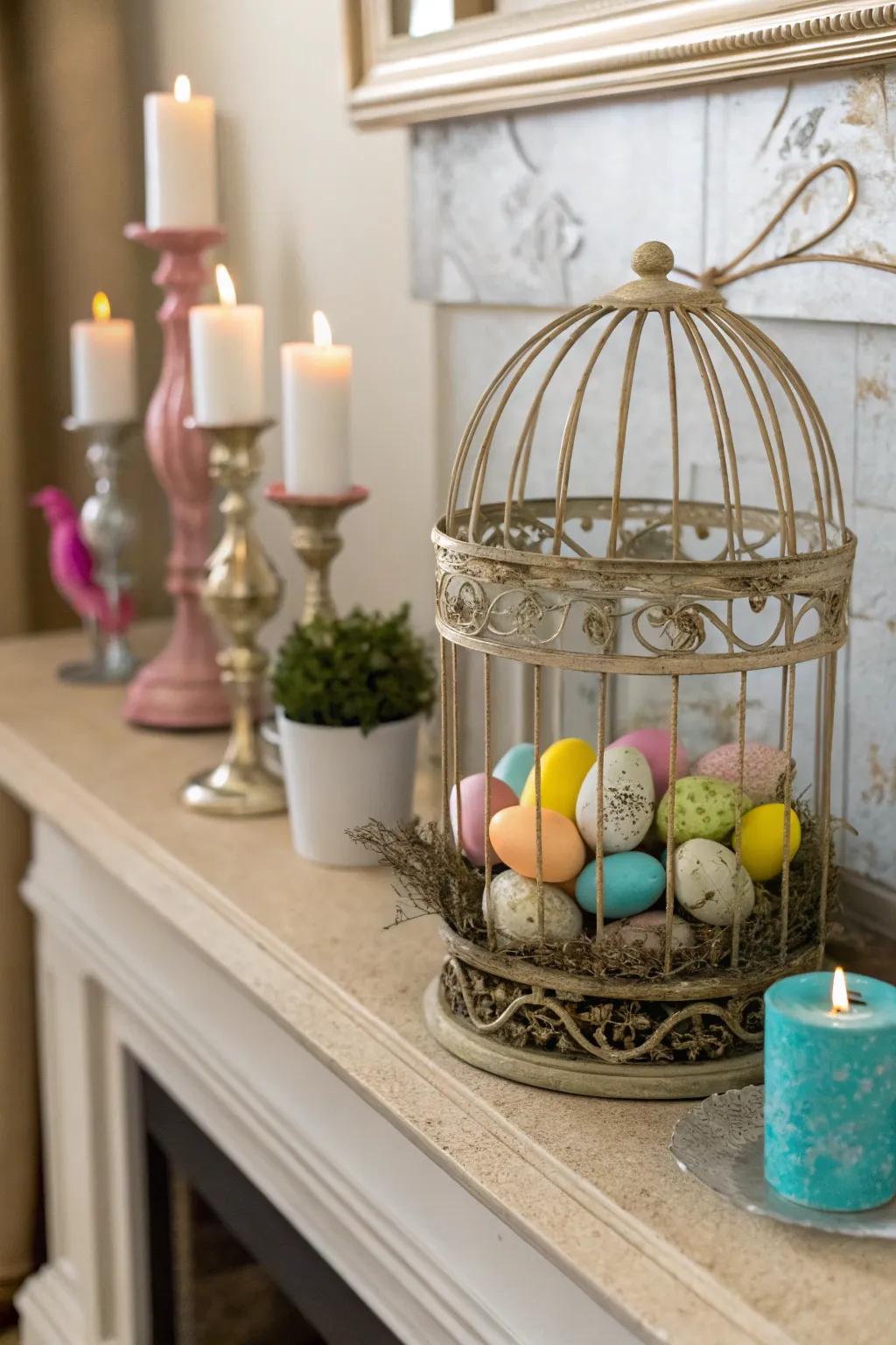 A birdcage display adds a surprising element to the mantel.