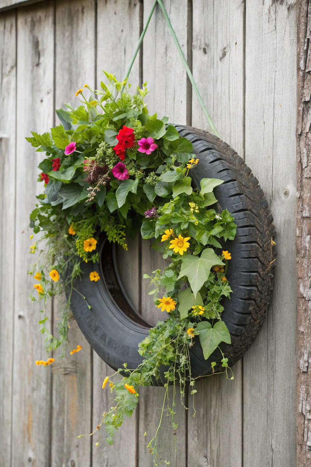 A rustic tire wreath perfect for farmhouse decor.