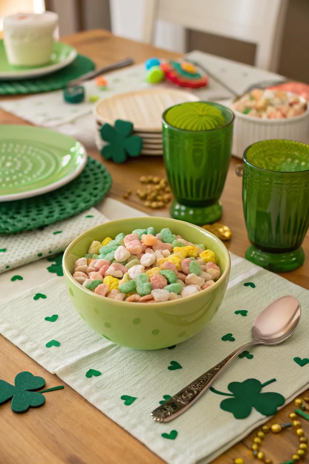 A playful breakfast setup with Lucky Charms.