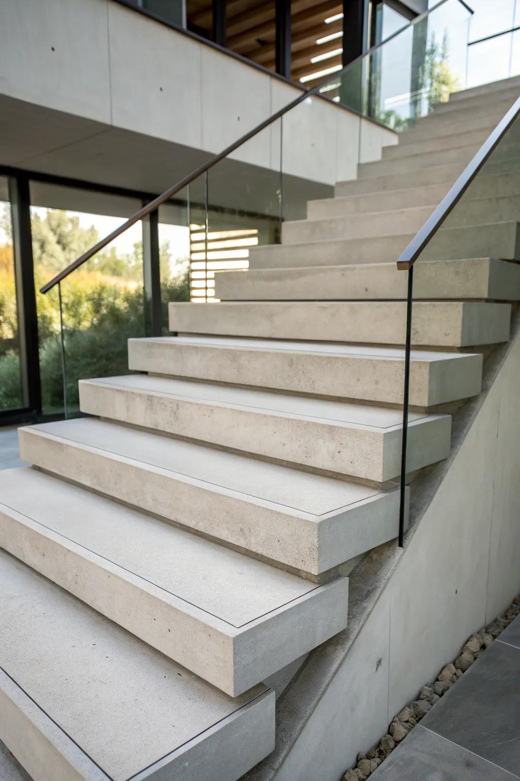 Concrete treads embody minimalist industrial style.