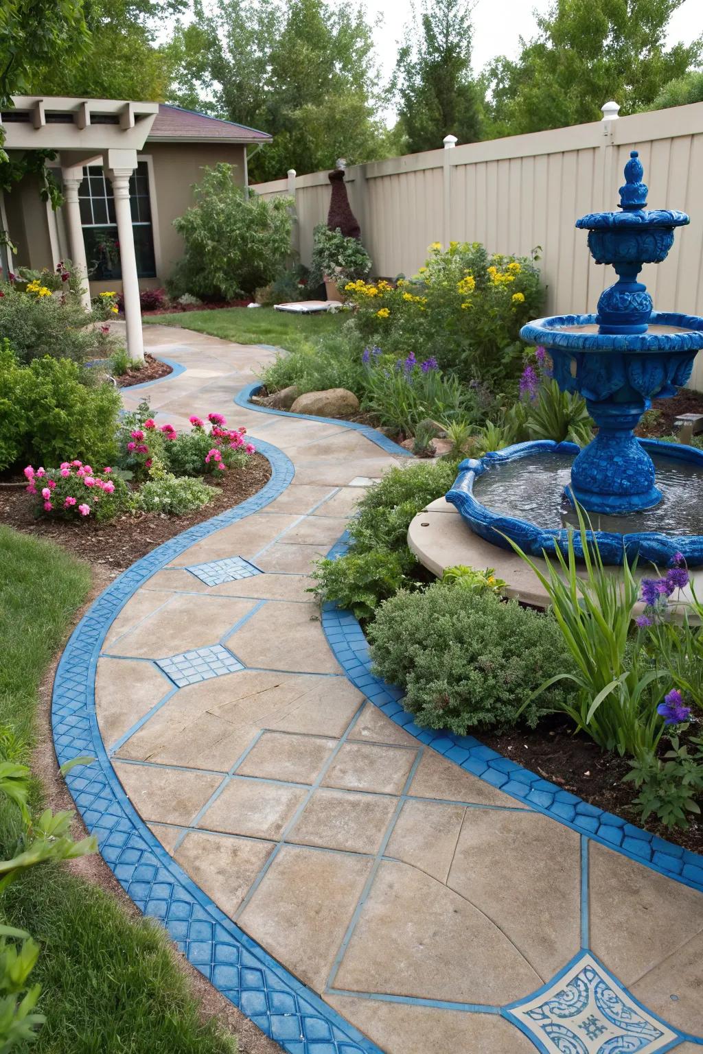 Vibrant blue accents bring playful color to this garden.