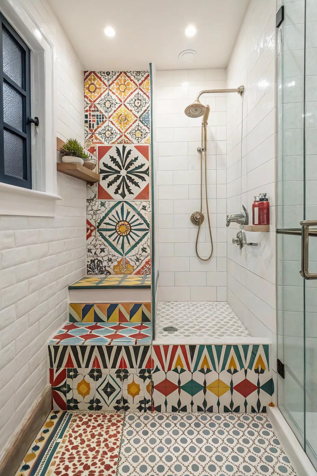 Step-down shower featuring bold and artistic patterned tiles.