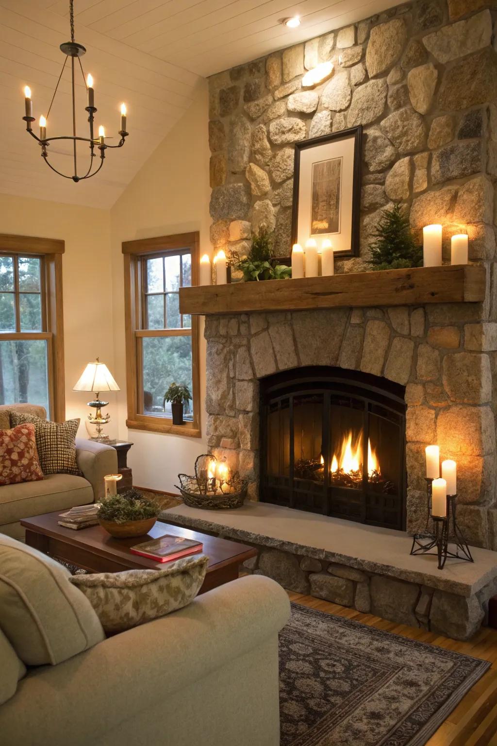 An inviting space with a stone fireplace and a candlelit mantel.