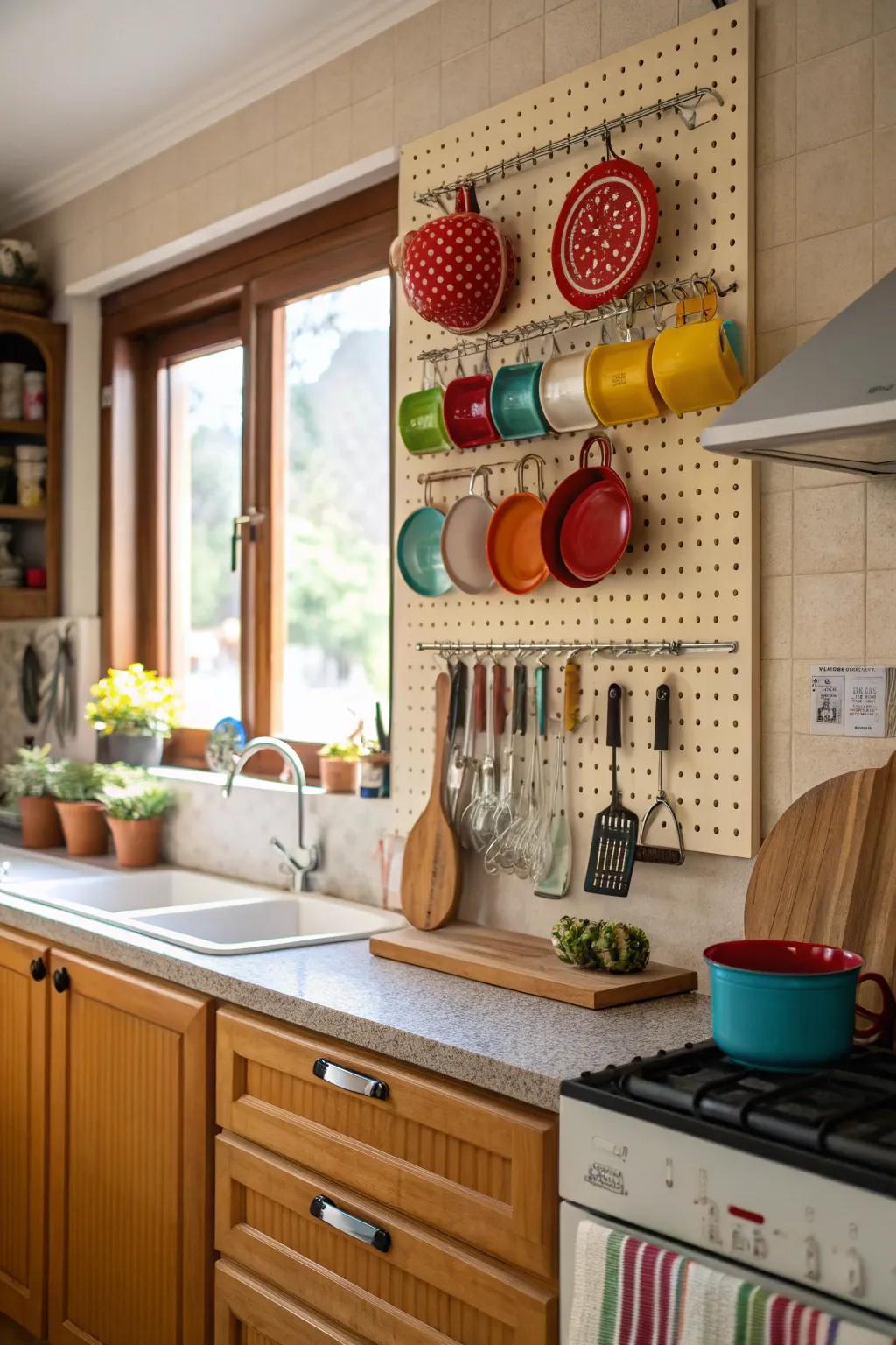 Kitchen with a pegboard for pots and utensils.