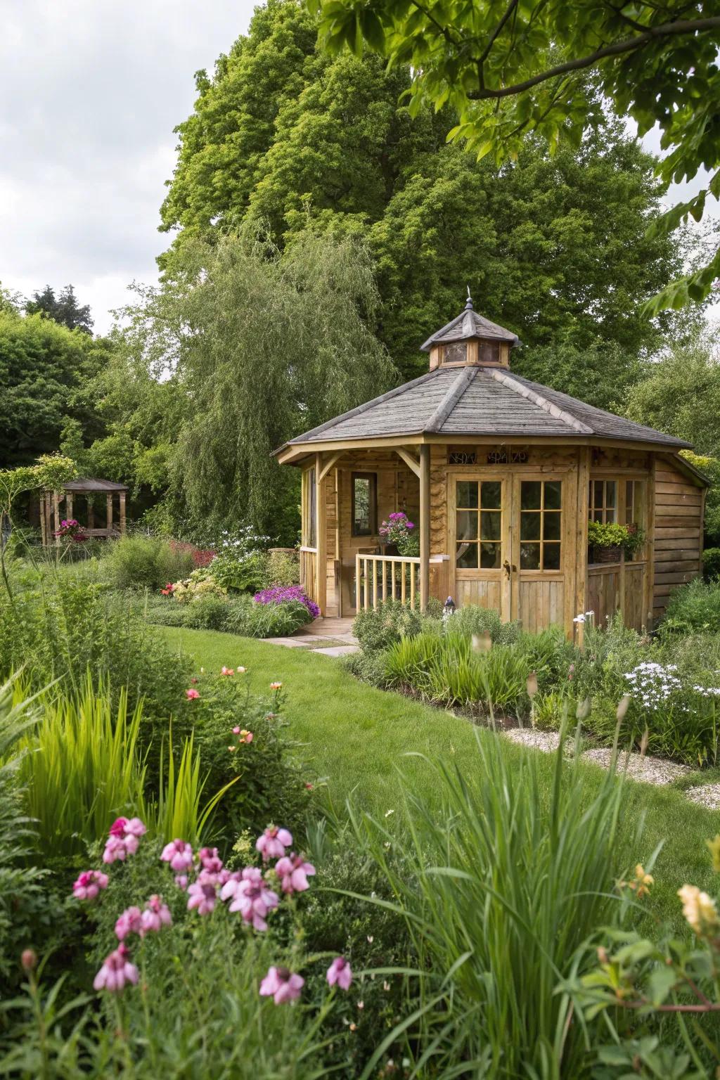 A summer house with a natural wood finish, embracing its rustic charm.