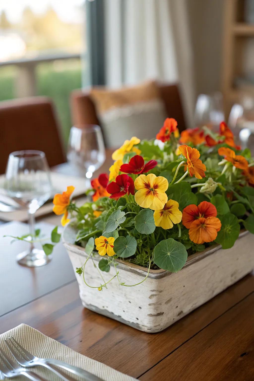 Edible flowers in a decorative planter