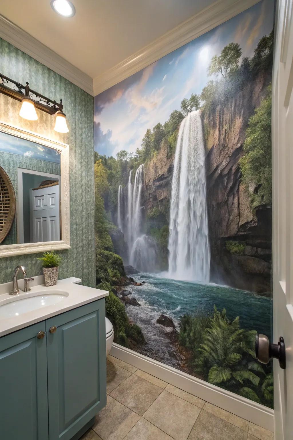 A bathroom with waterfalls flowing upwards.