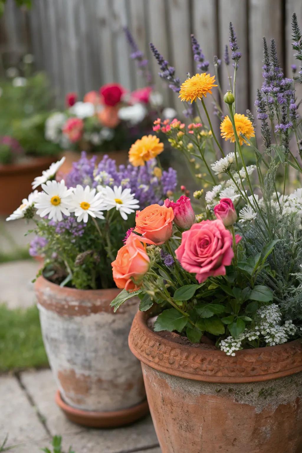 A warm, rustic centerpiece featuring sunflowers in terracotta pots.