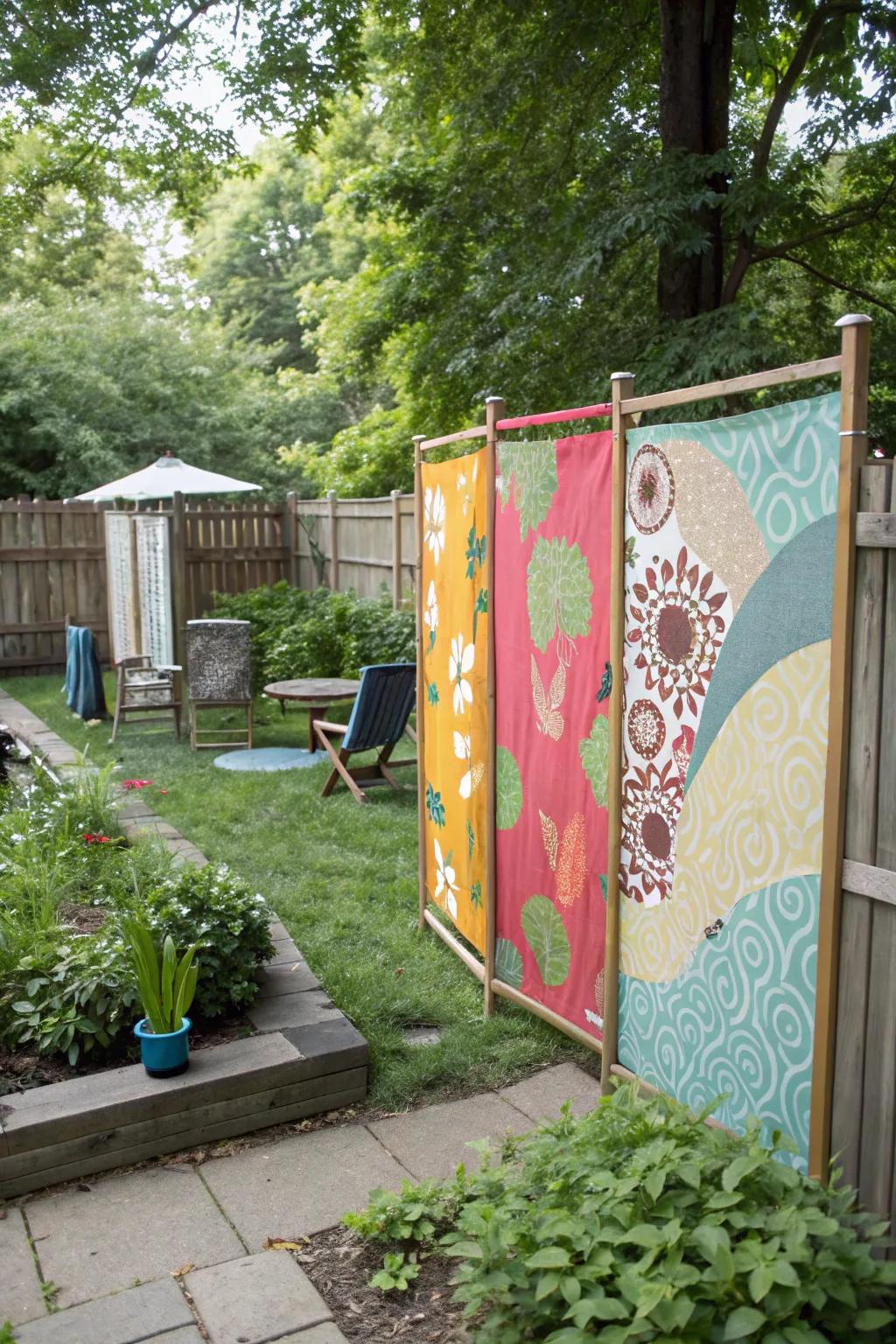 Canvas panels bring color and privacy to garden spaces.