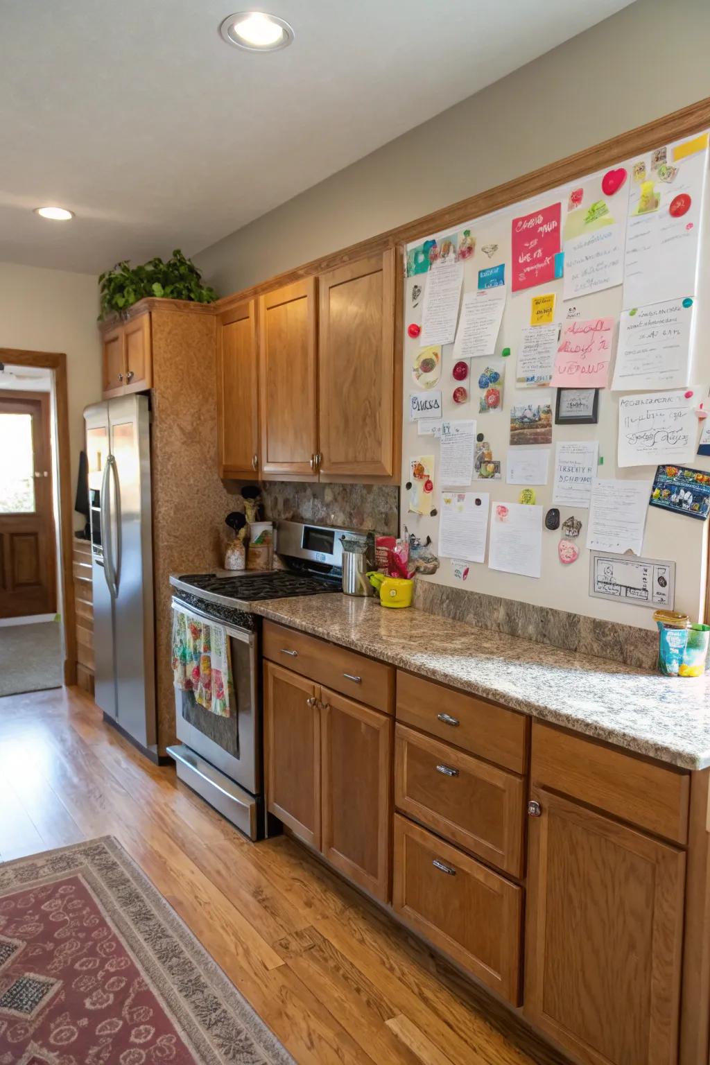 A magnetic wall in the kitchen offers a playful and functional space.