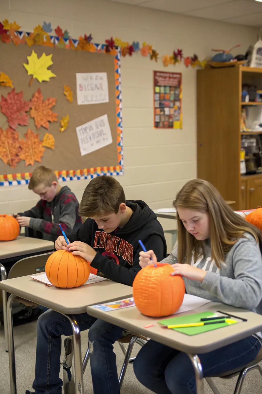 DIY paper pumpkins add a fun and festive flair to classroom desks.