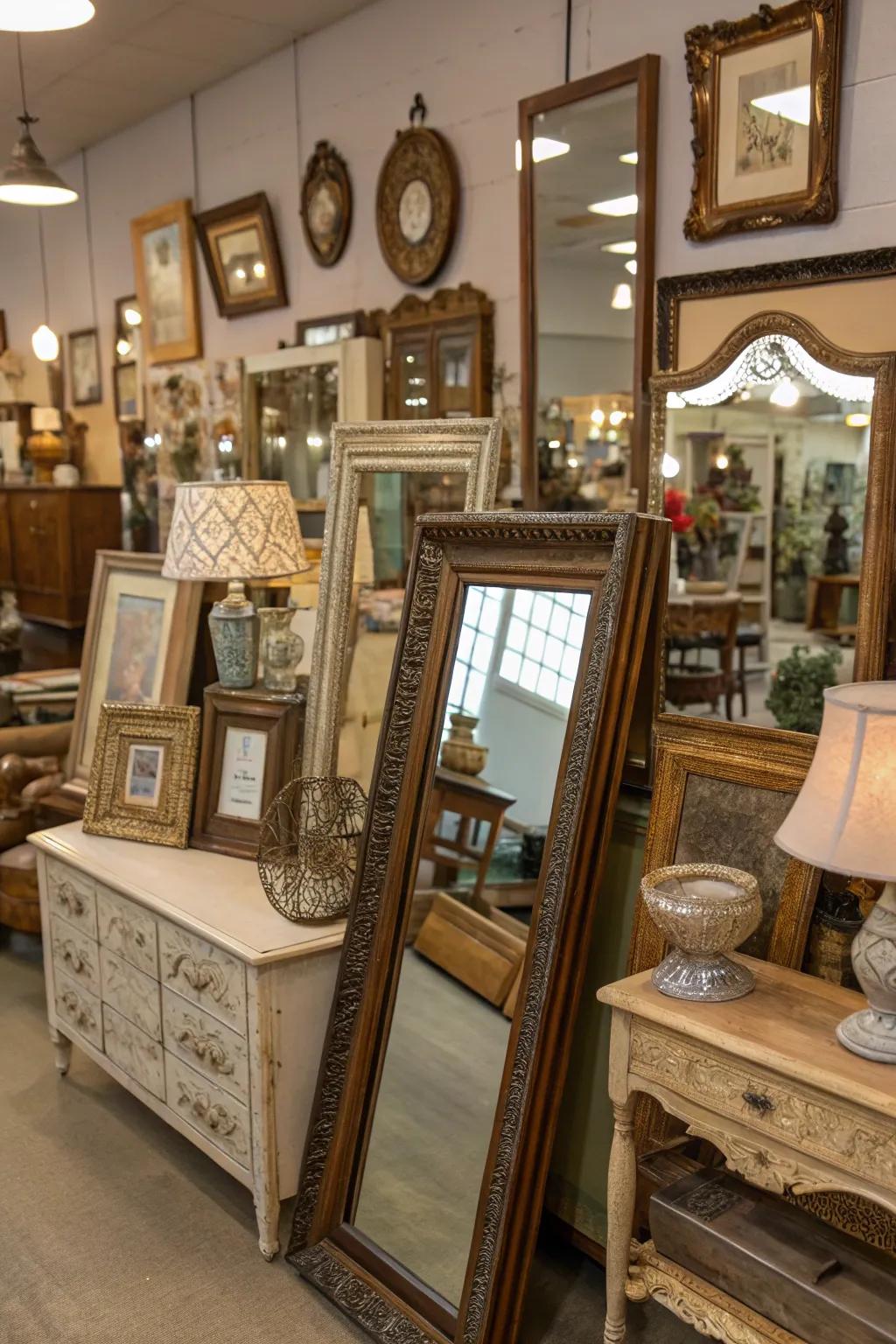 Vintage mirrors creating a spacious and bright atmosphere.