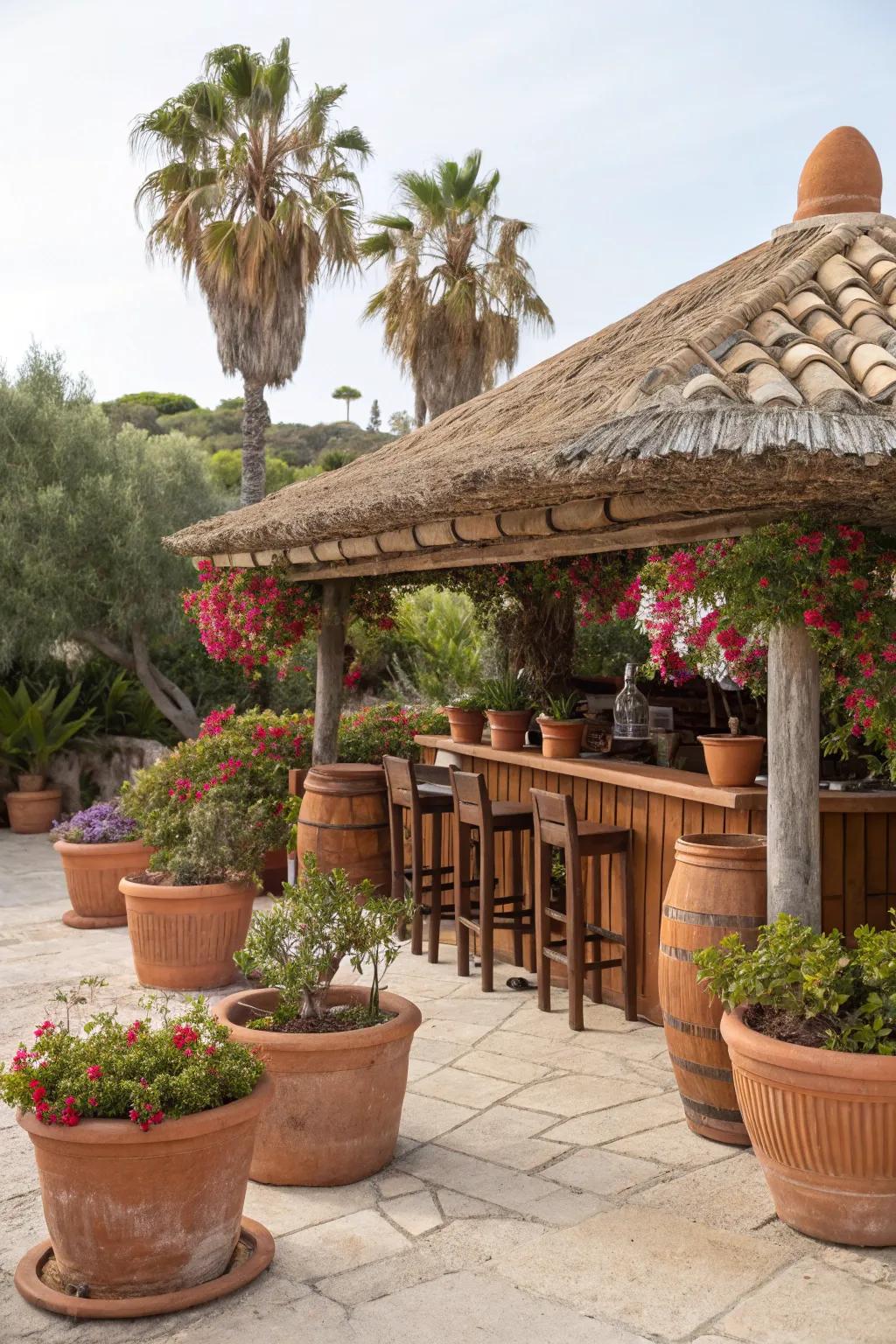 Tiled roofs bring Mediterranean elegance to your tiki bar.