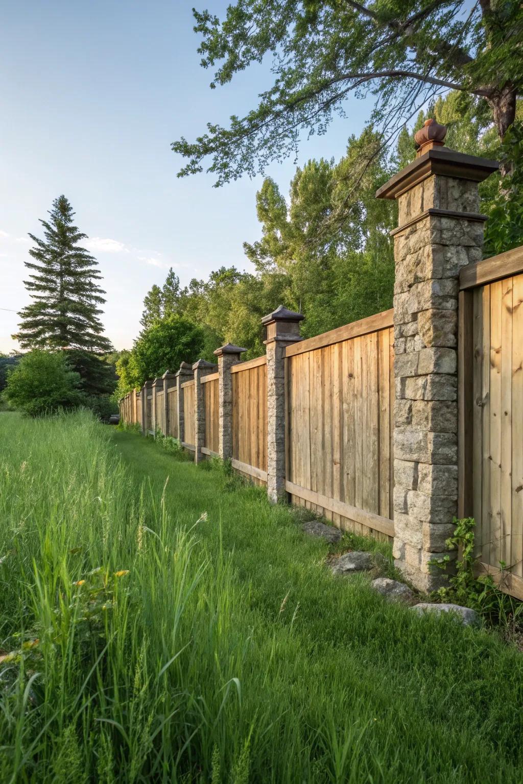 Combine timber with stone for a harmonious fence design.