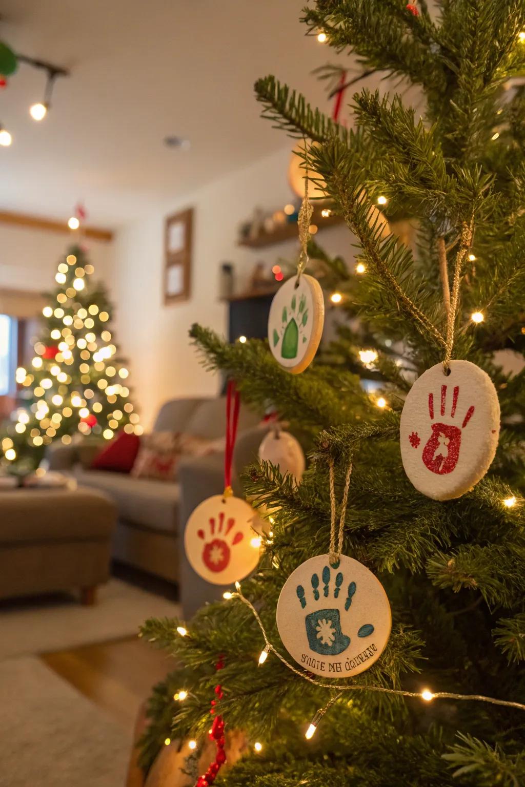 Handprint ornaments capture cherished family memories.