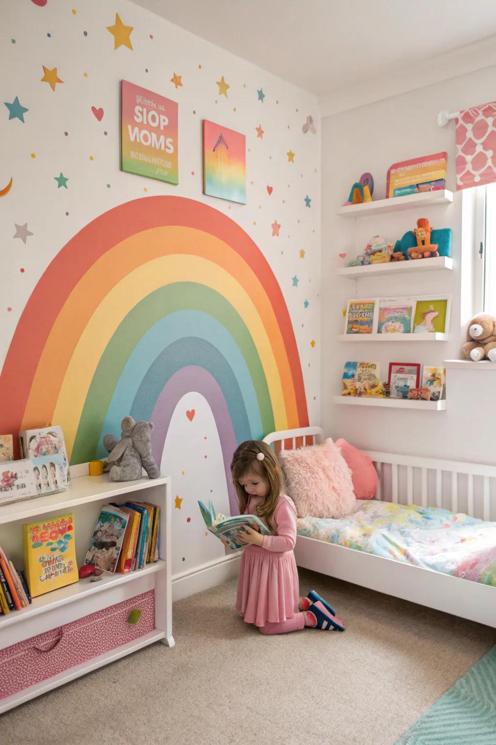 A rainbow mural brings a vibrant and cheerful touch to the bedroom.