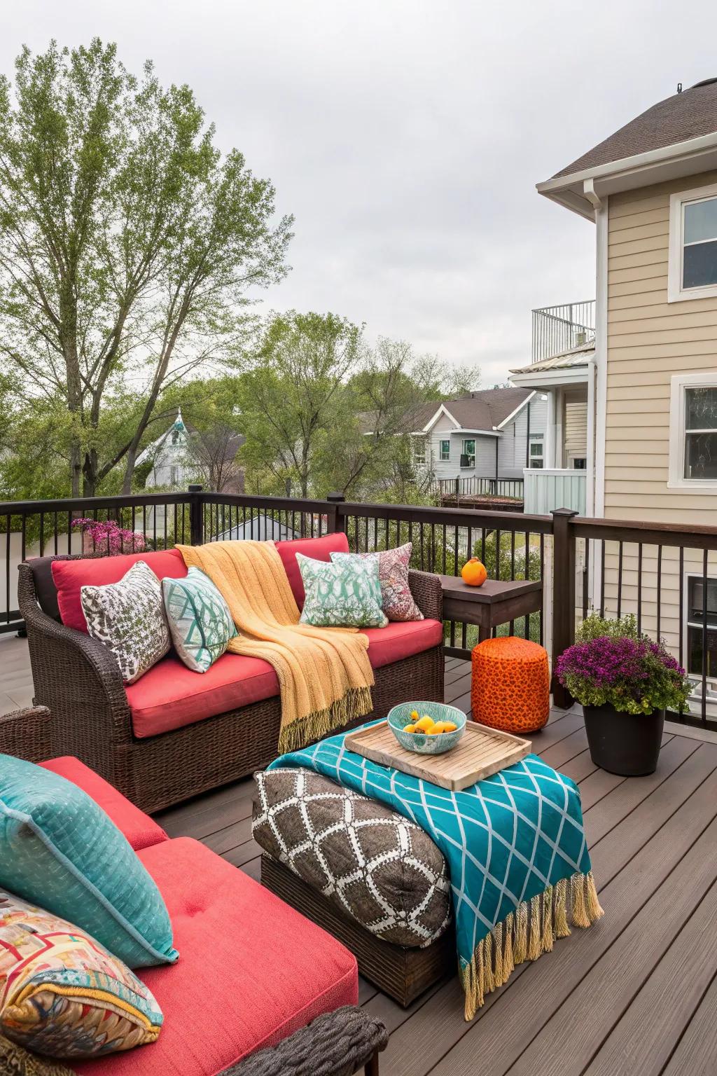 Add pops of color with textiles to make your deck inviting and cozy.