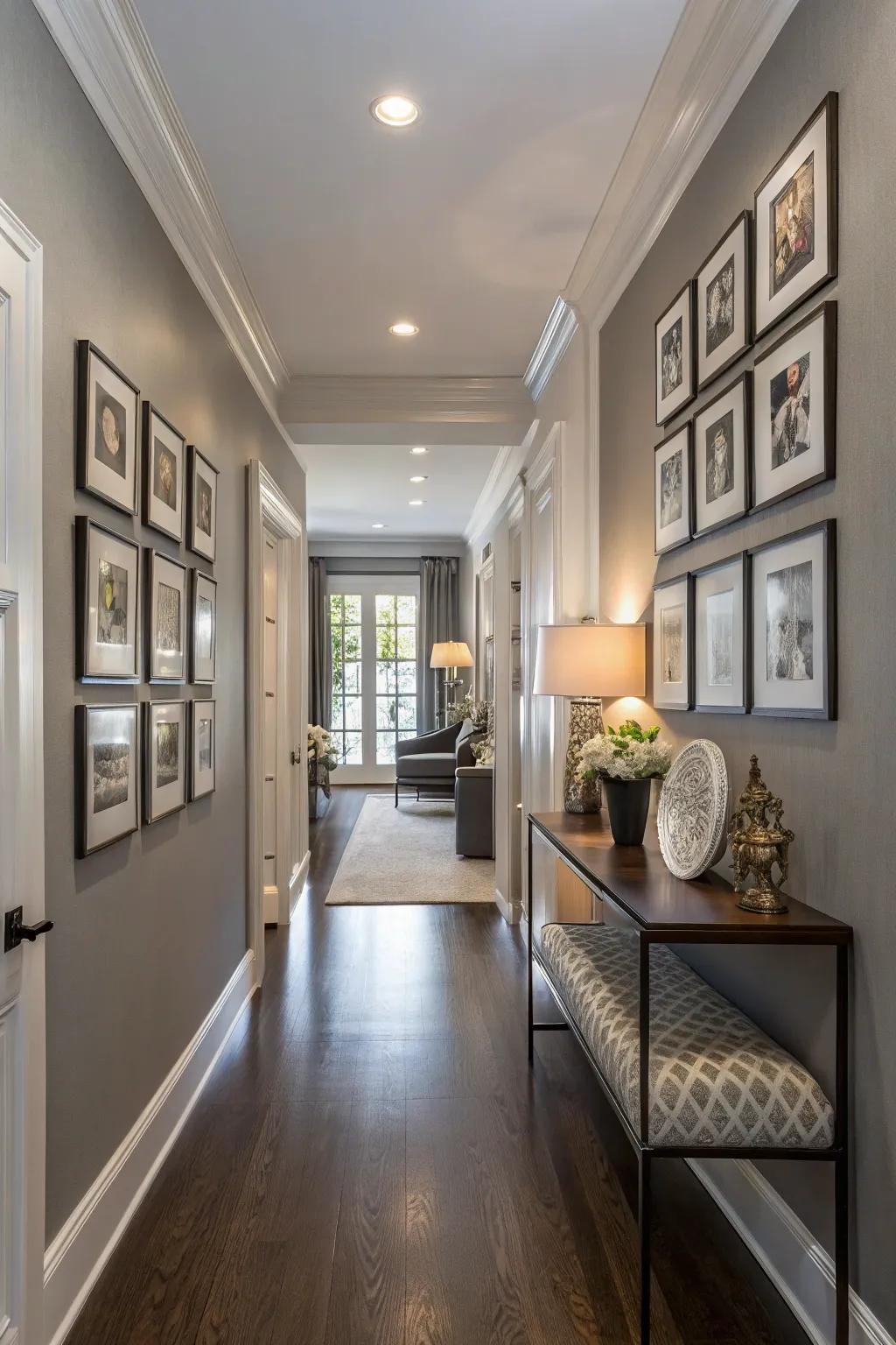 A townhouse hallway with soft gray walls for a versatile look.