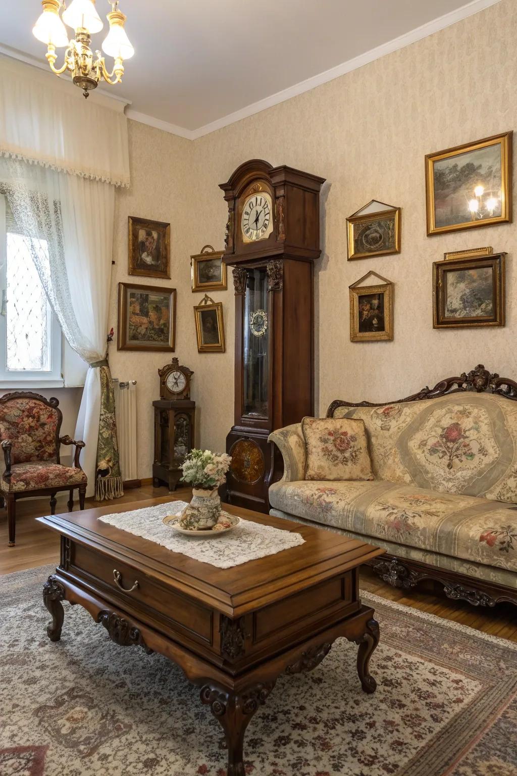 Antique finds add character and charm to this traditional living room.