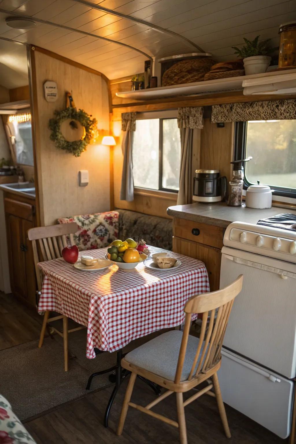 A breakfast nook creates a cozy spot for morning coffee.