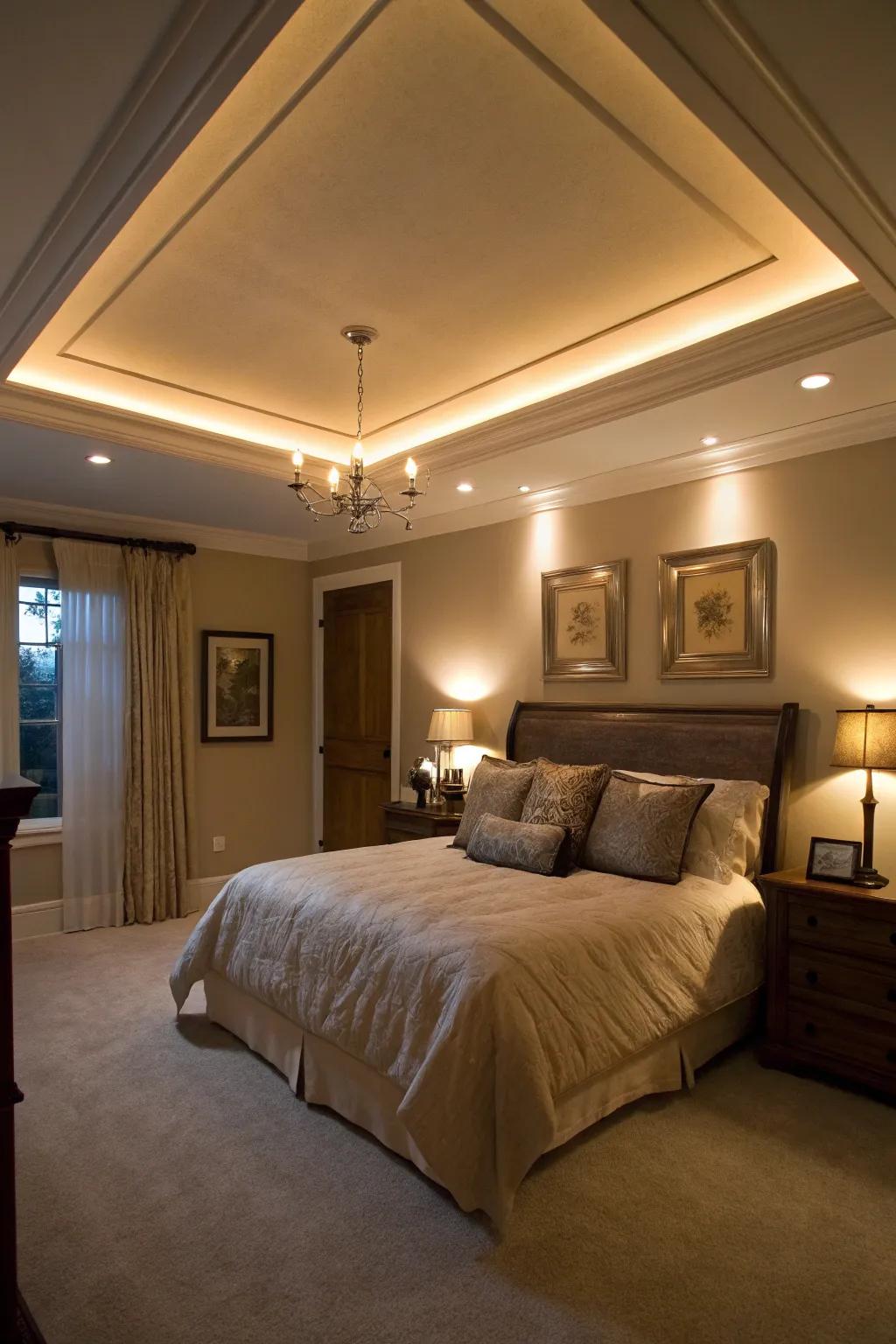 A serene bedroom with cozy, dimmable lighting in the tray ceiling.