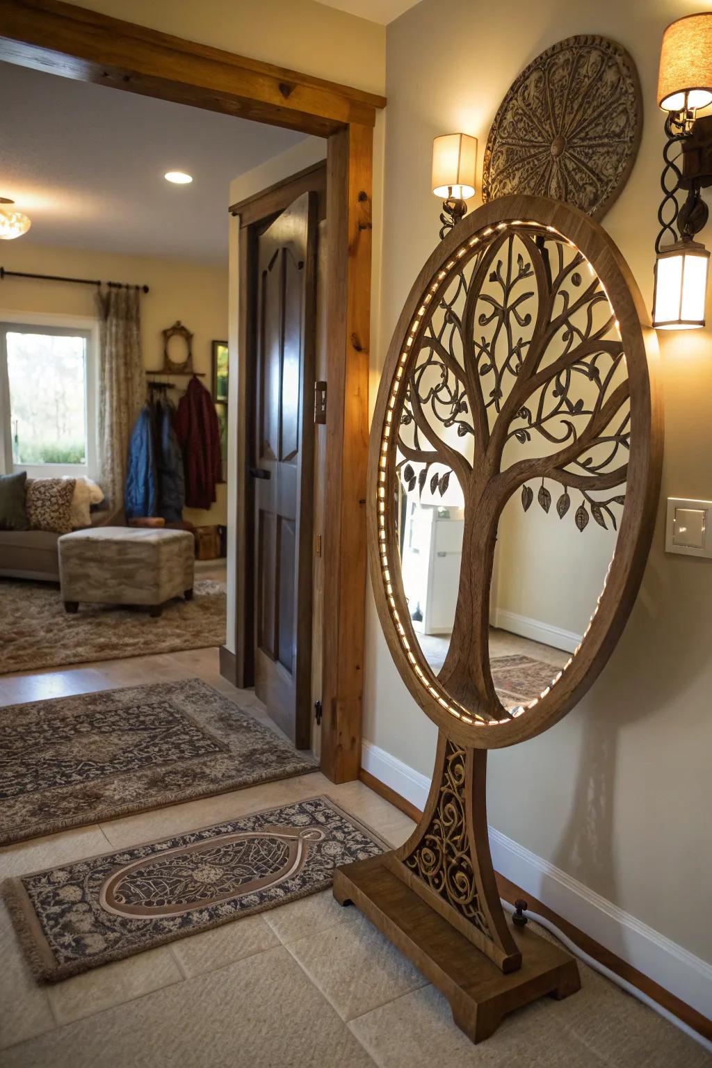 Tree of Life mirror reflecting light in an inviting entryway.