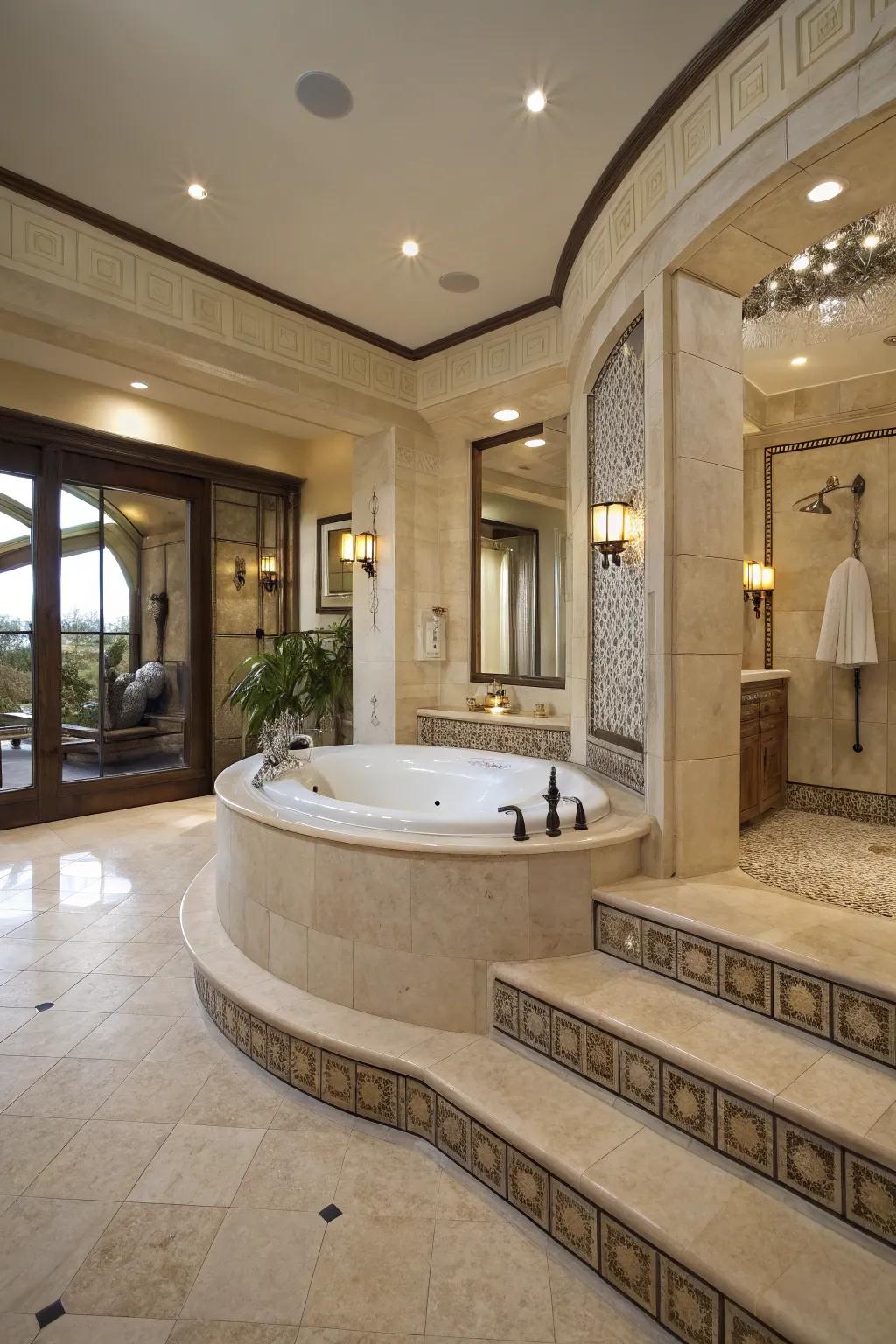 An elevated platformed tub creates a luxurious focal point in the bathroom.