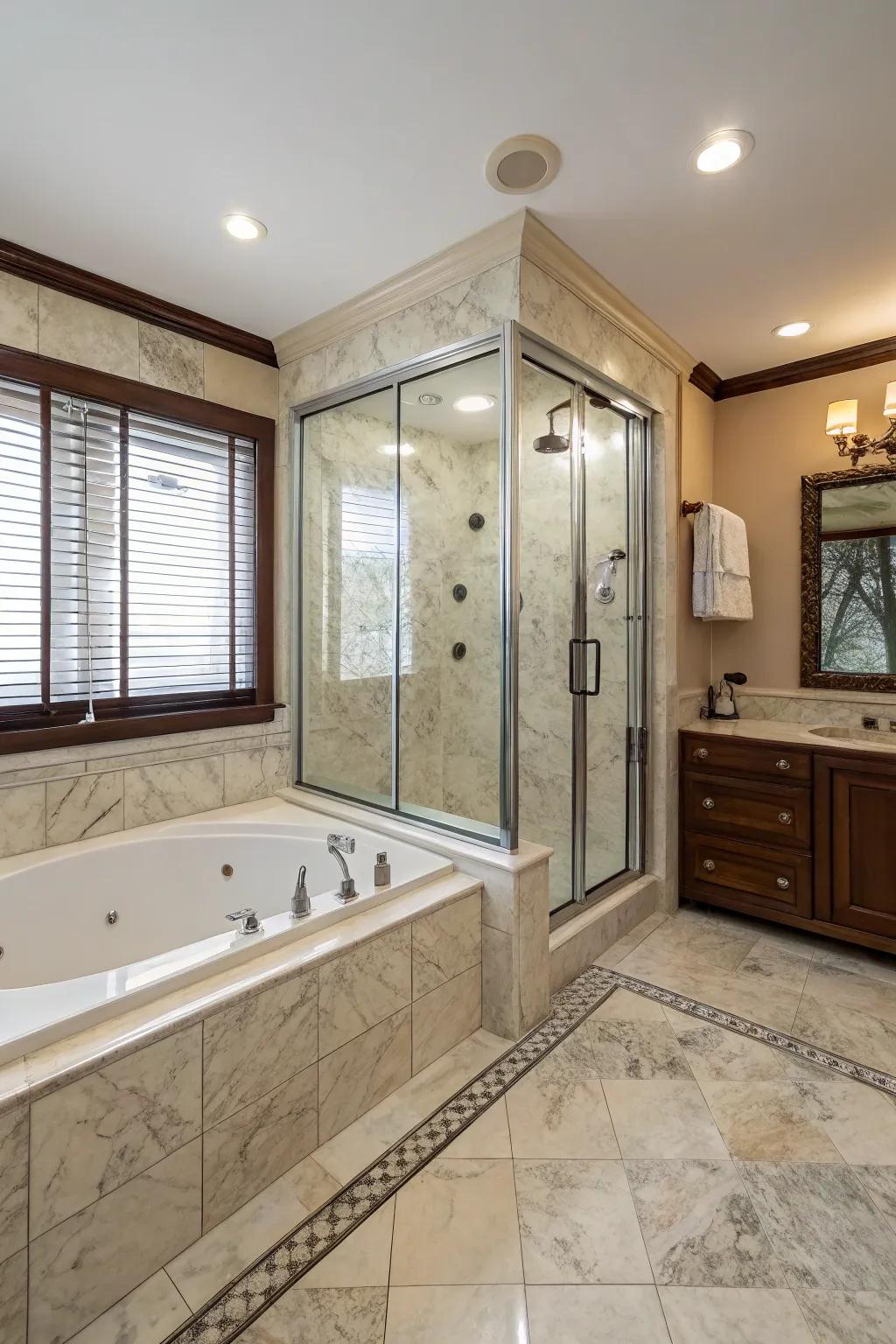 A whirlpool tub adds a luxurious touch to this bathroom combo.