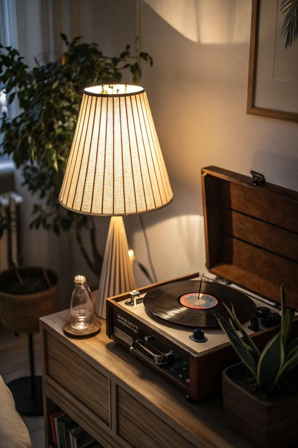 An ambient floor lamp adding soft light to a turntable space.