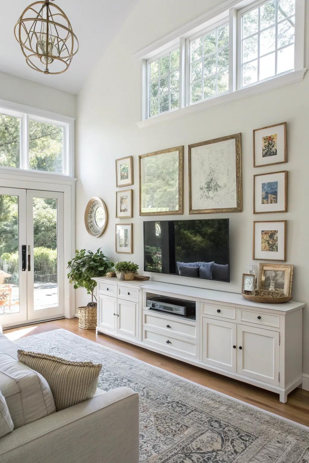 Mirrors enhance light and space on this TV gallery wall.