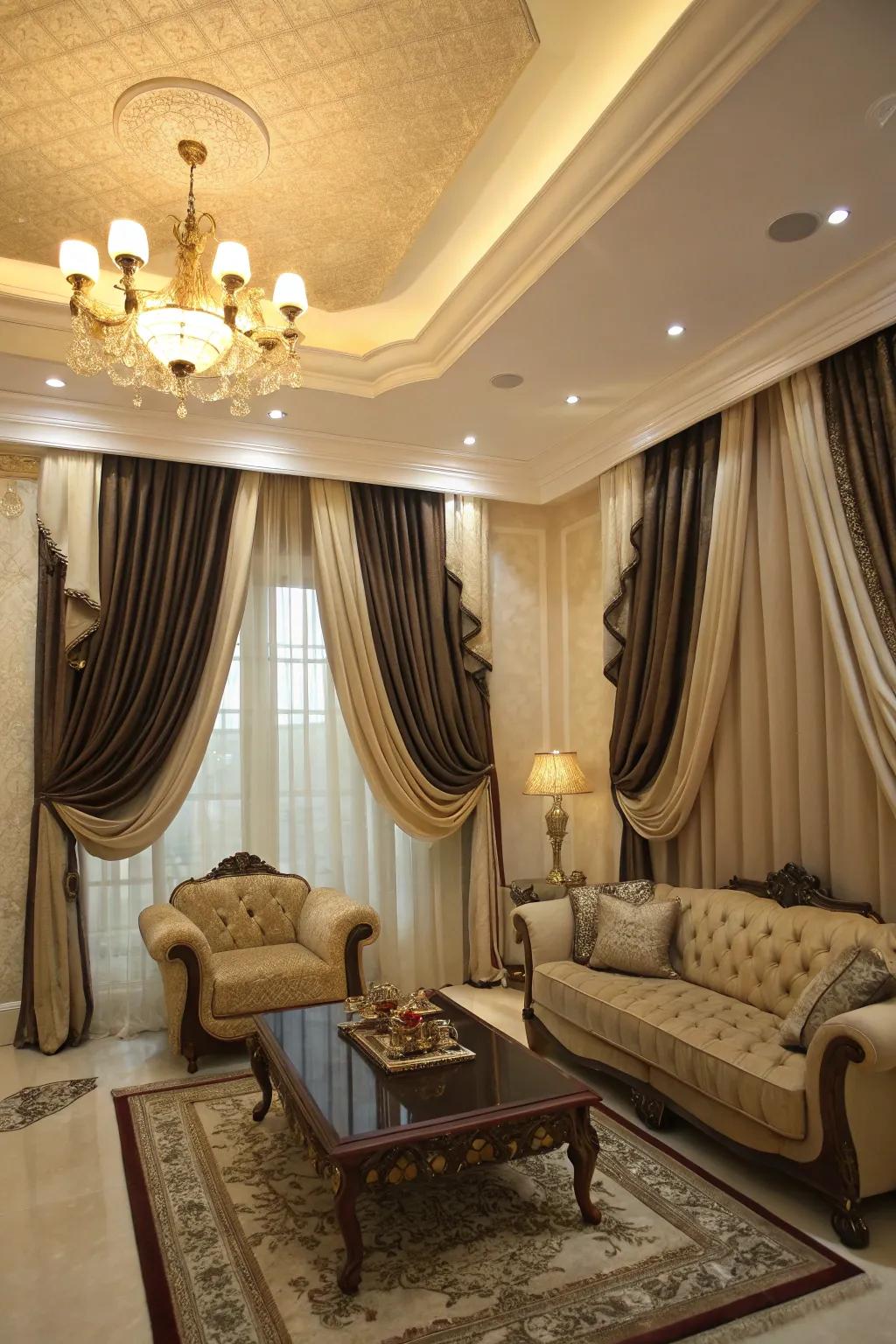 Elegant draping of two tone curtains adding sophistication to a living room.