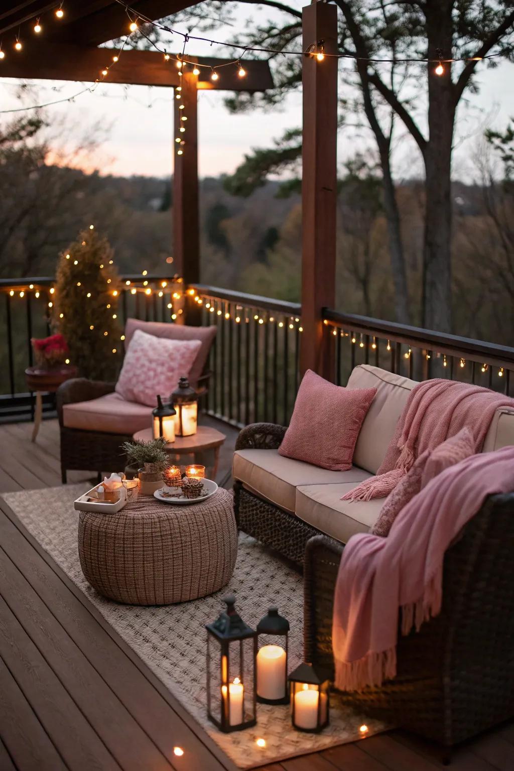 Blush and espresso create a romantic and cozy deck atmosphere.