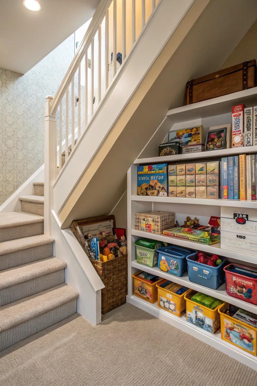 Organized game storage makes family fun easily accessible.