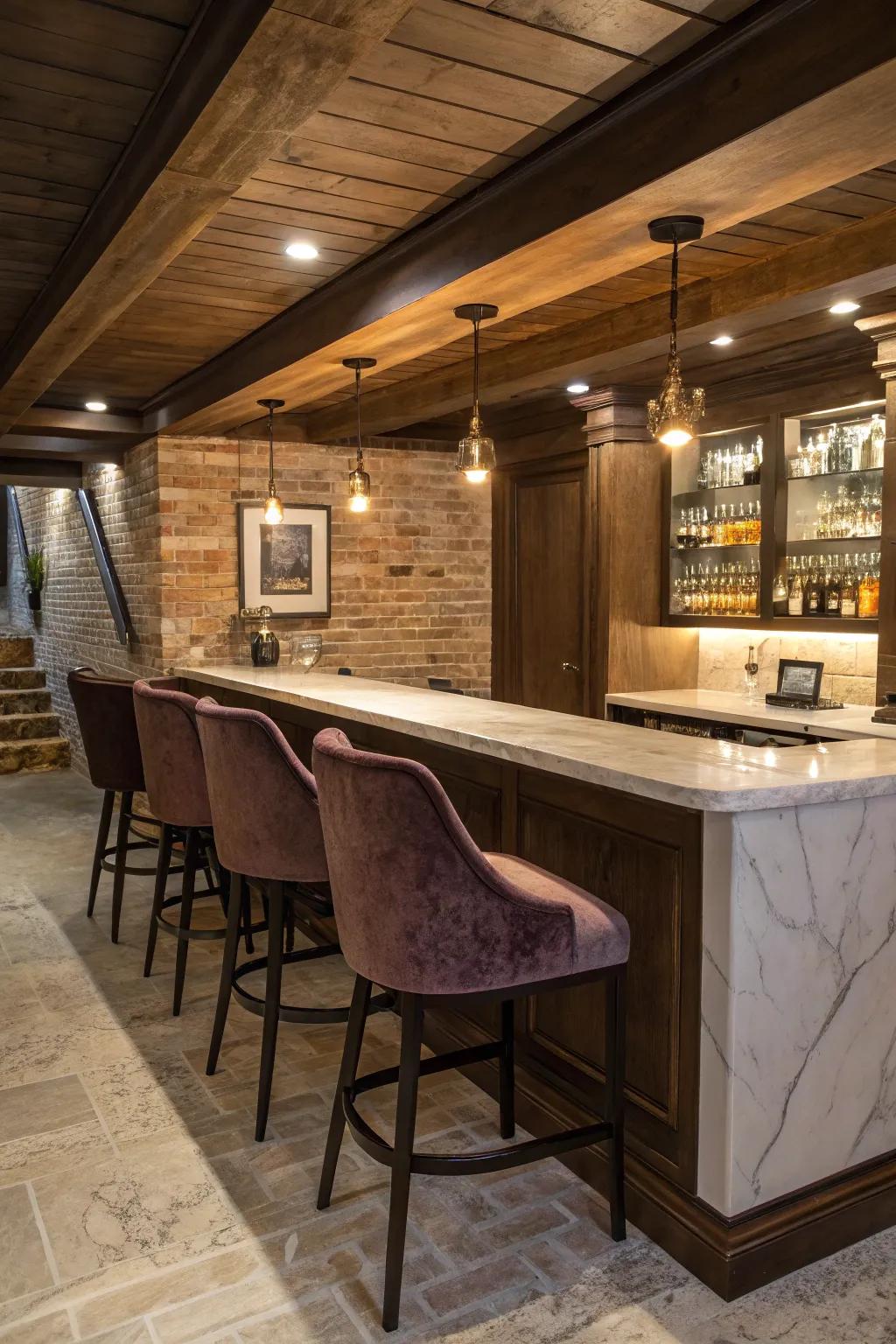 Glamorous touches elevate the style of a basement bar.