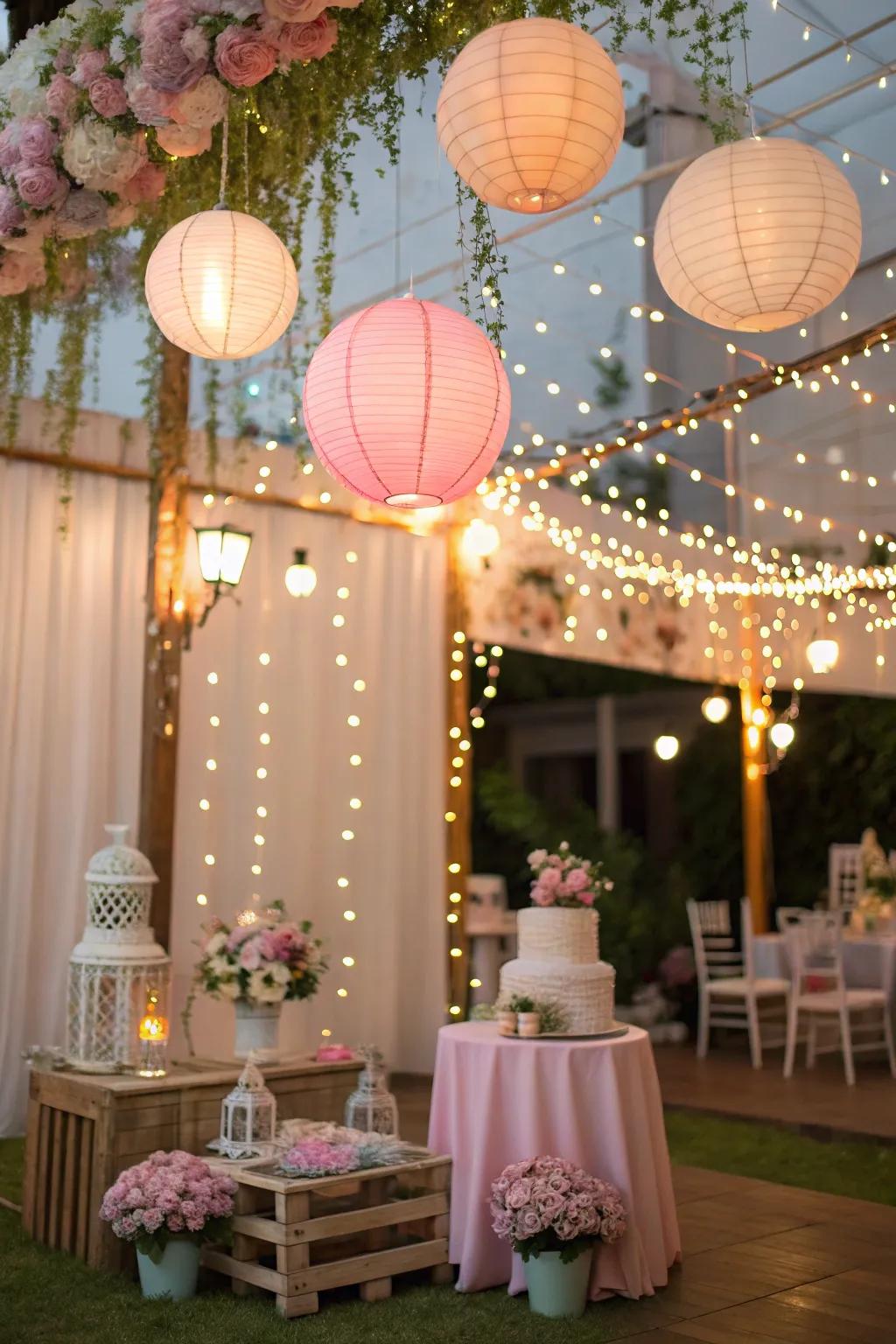 Magical ambiance created by whimsical fairy lights and lanterns.