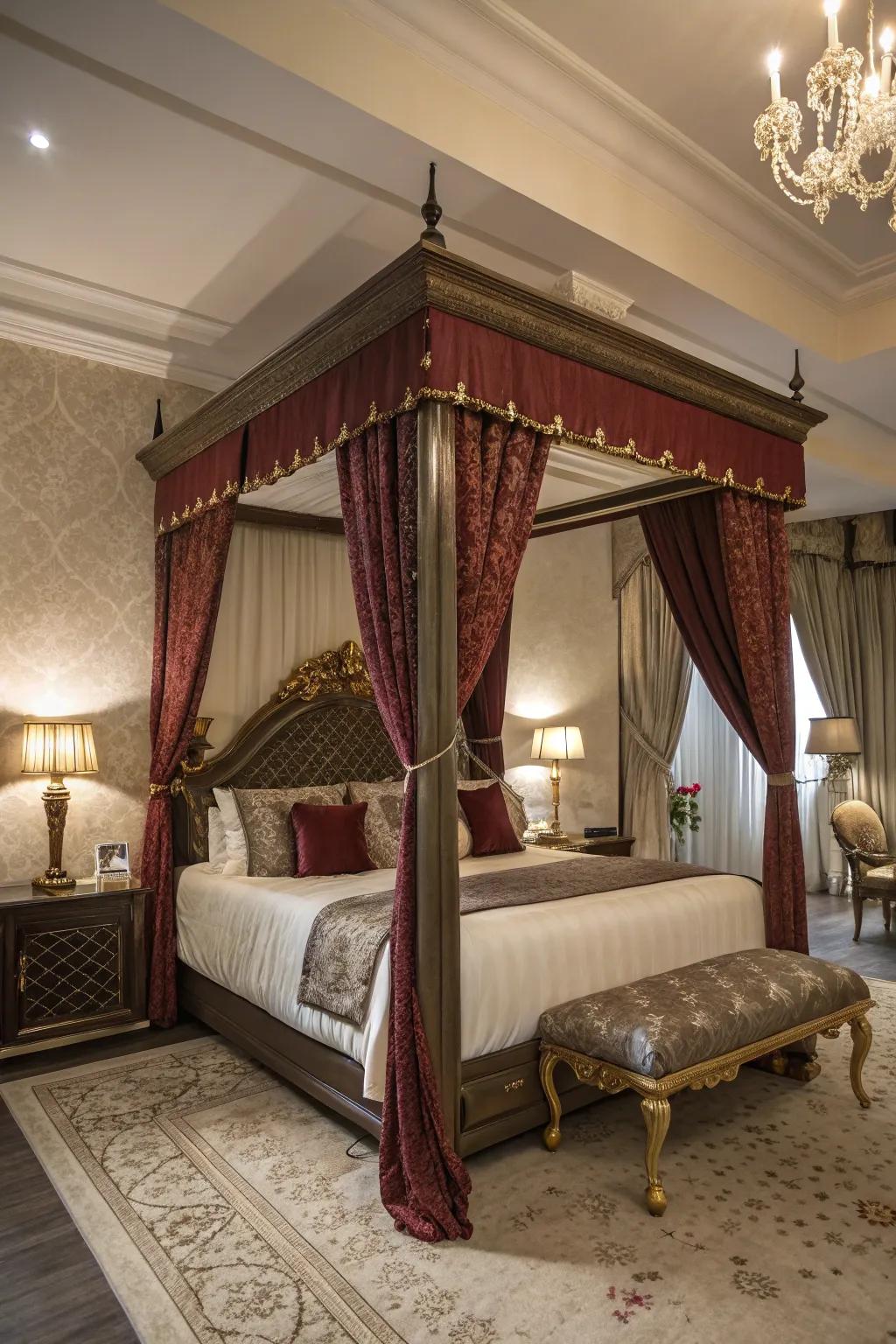 A canopy bed with upholstery adds drama and elegance.