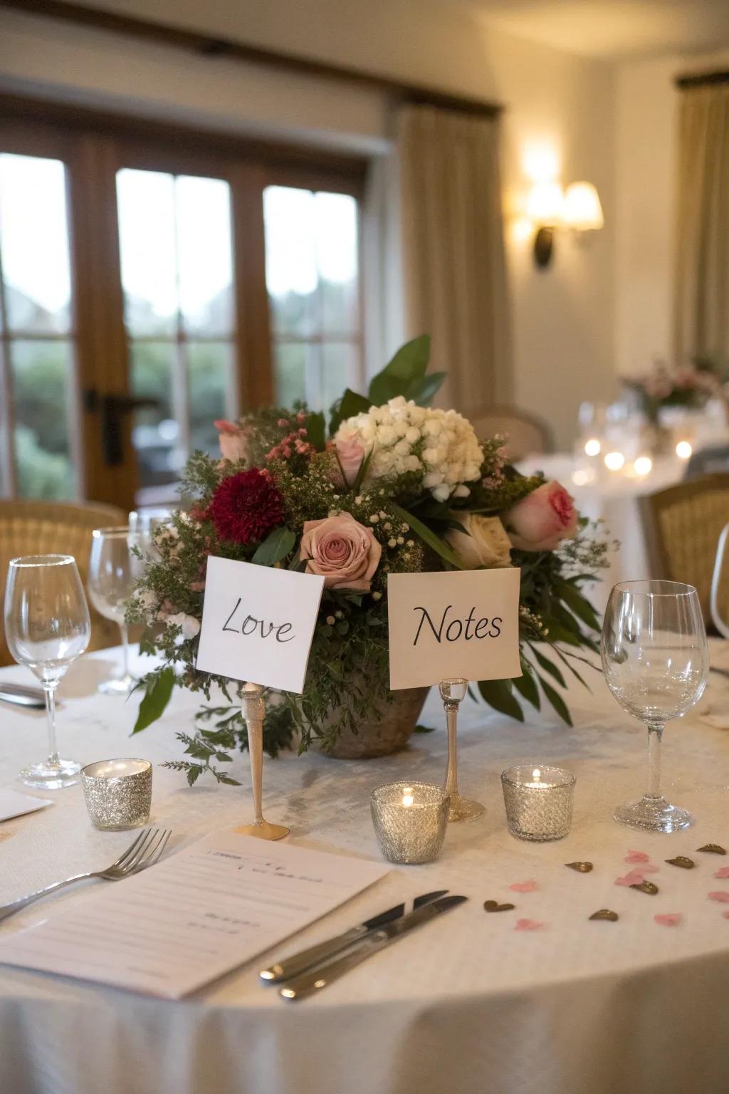 Love notes add a personal touch to the centerpiece.