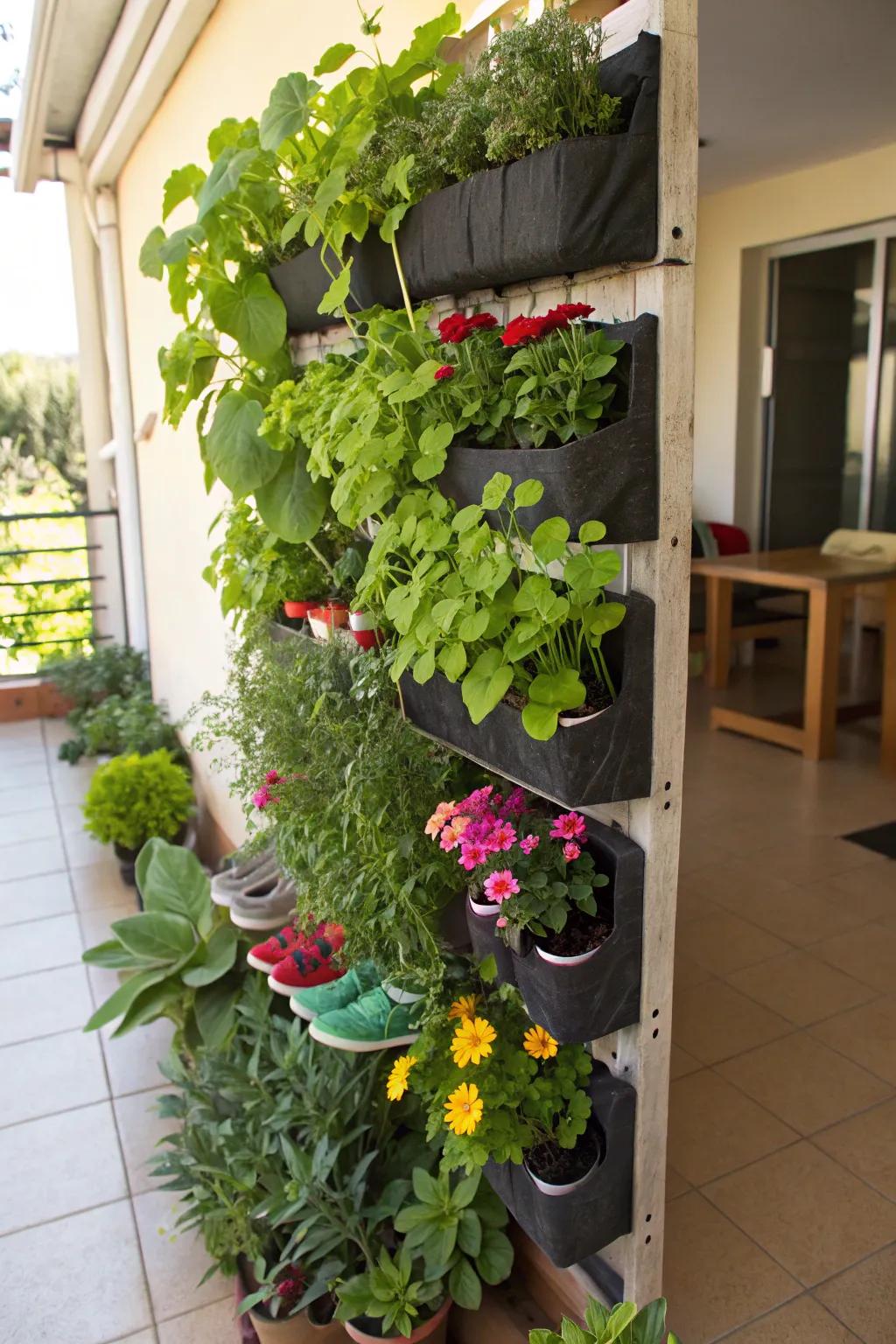 An upcycled vertical garden using repurposed household items.