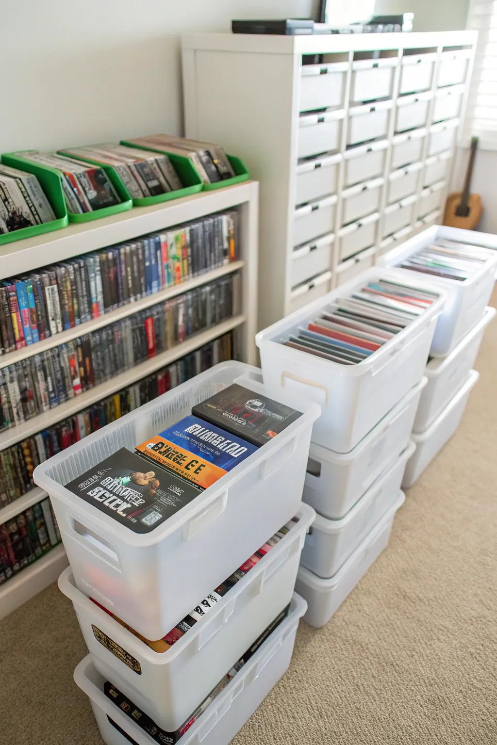 Stackable bins offering flexible video game storage solutions.