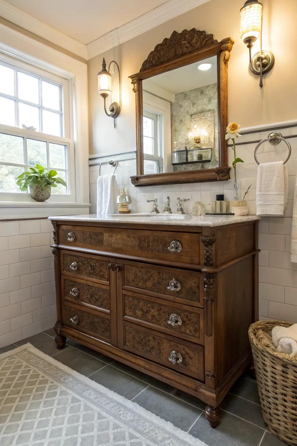 Repurposed antiques add unique vintage character to bathrooms.