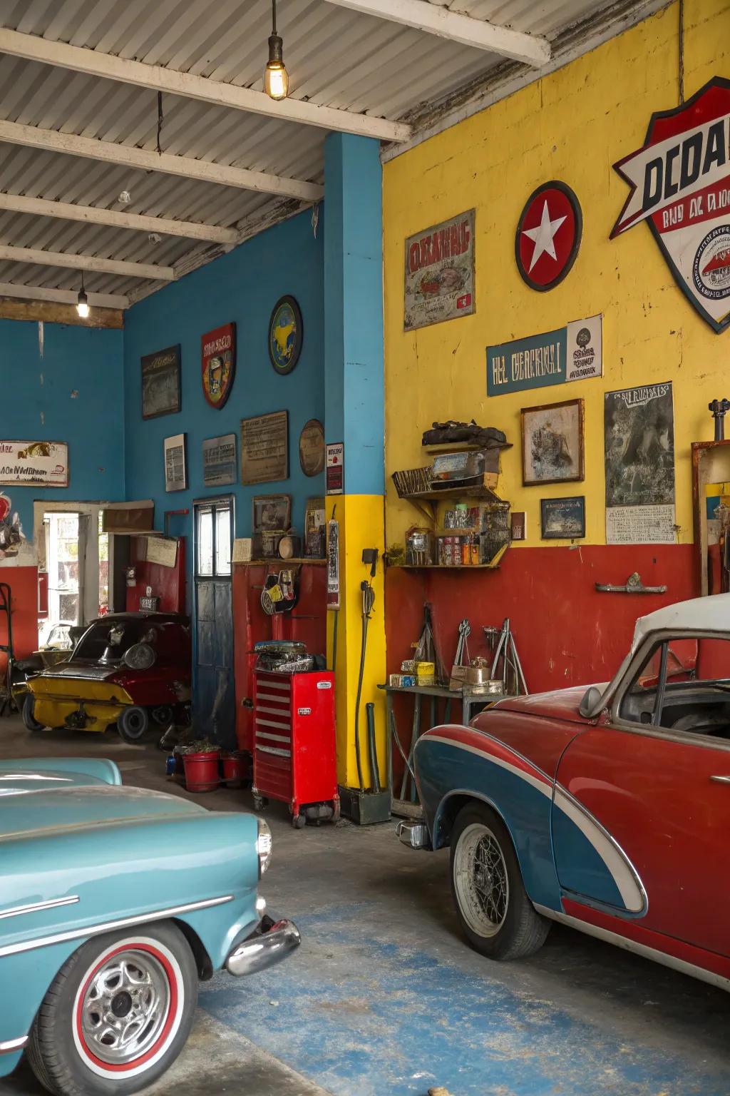 An eclectic color palette adds vibrancy to a vintage garage.