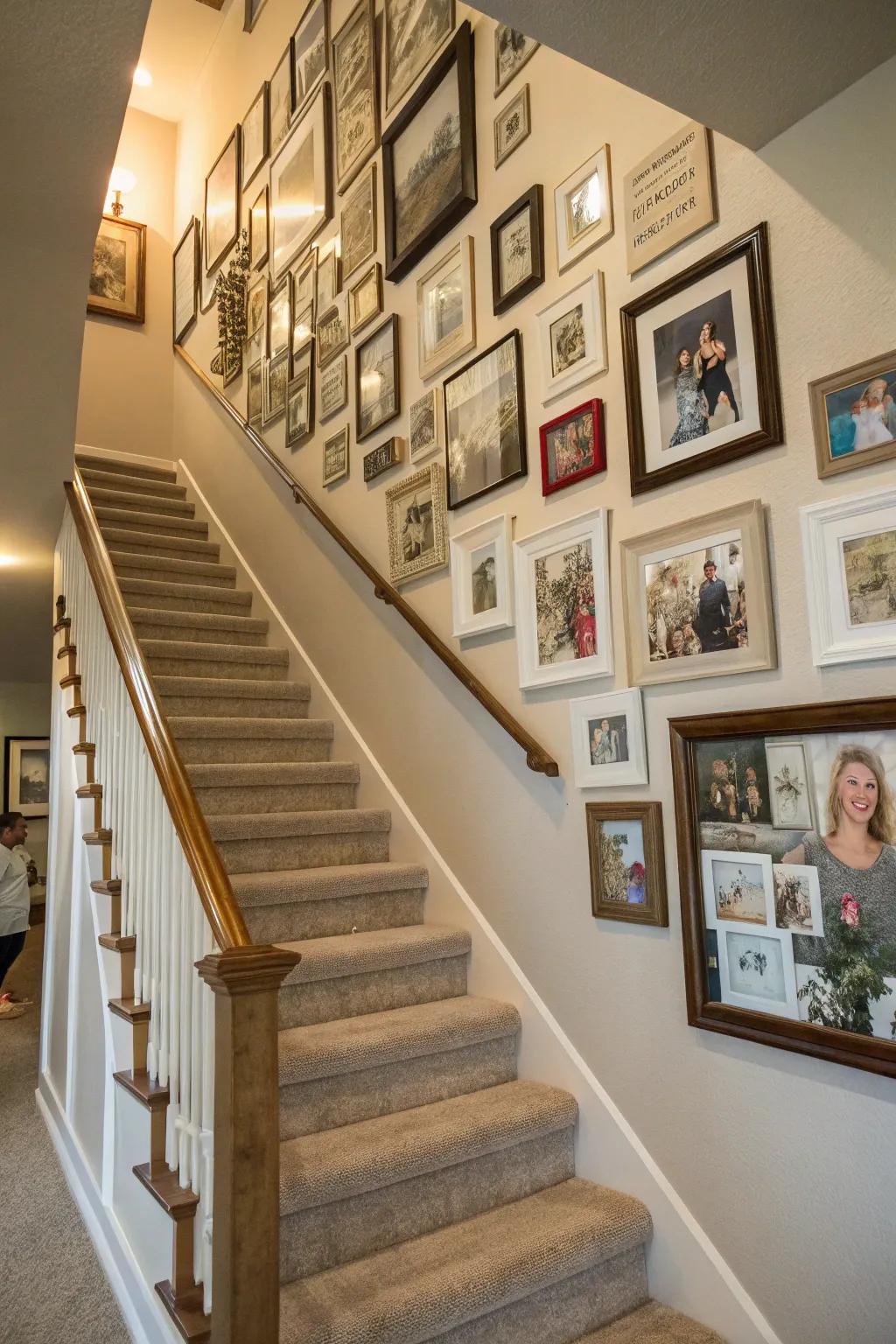 A photo collage can make your staircase wall a storybook of memories.