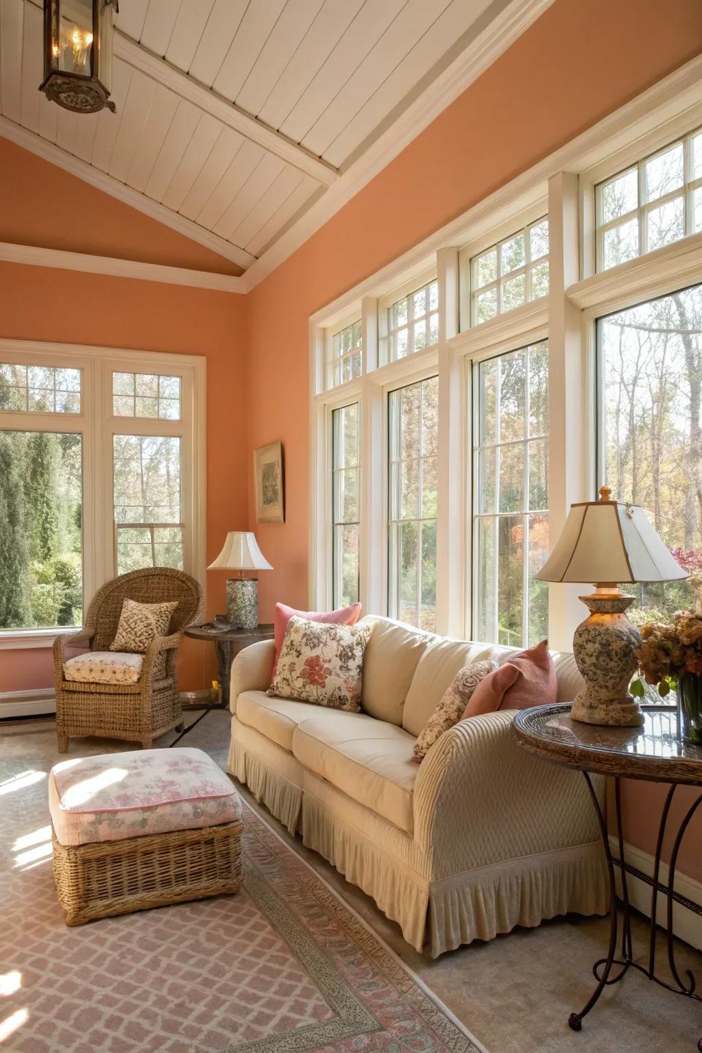 Sunroom with gentle peach walls, offering subtle warmth and comfort.