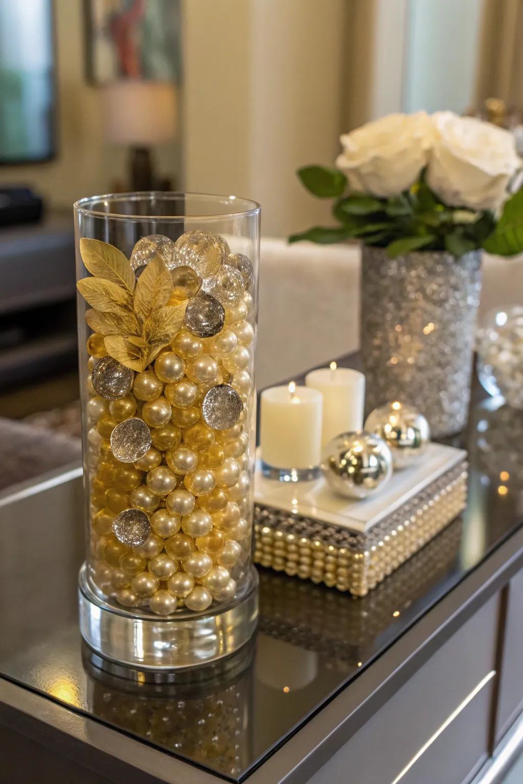 Golden water beads add a luxurious glow to your decor.