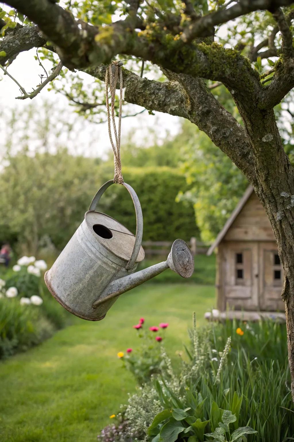 A charming birdhouse made from a watering can.