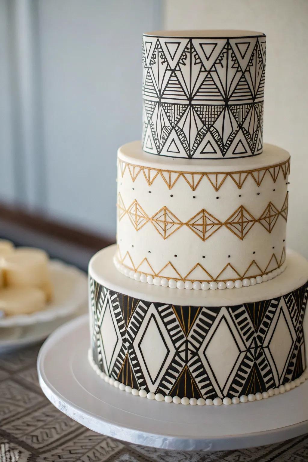 A wedding cake with geometric patterns for a modern twist.