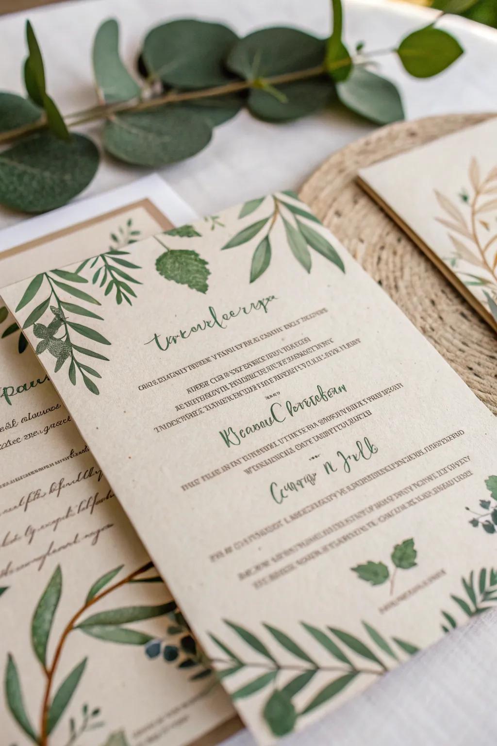 Eco-conscious wedding invitation crafted from sustainable materials.