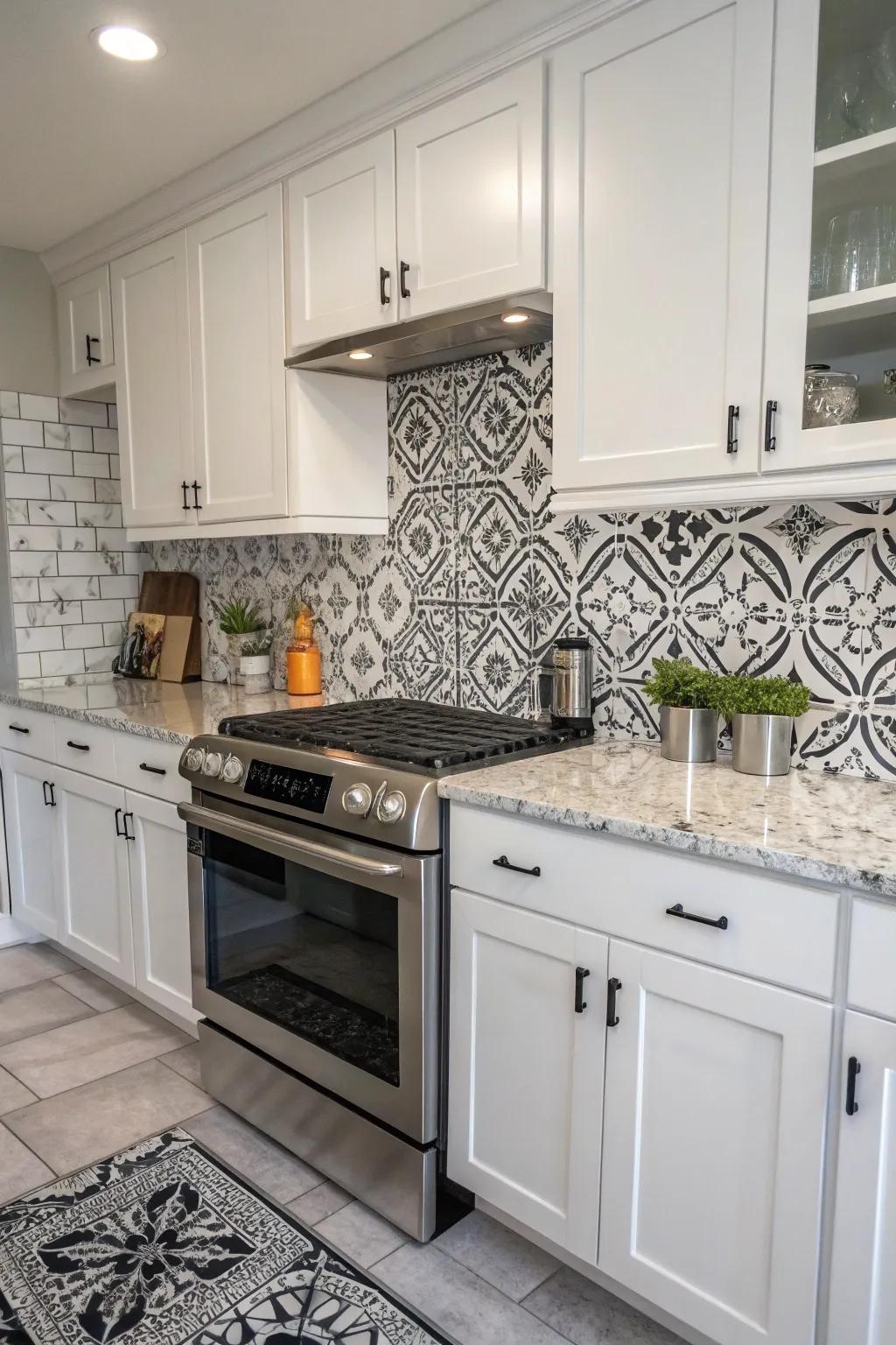 A bold statement with black and white patterns contrasting white ice granite.