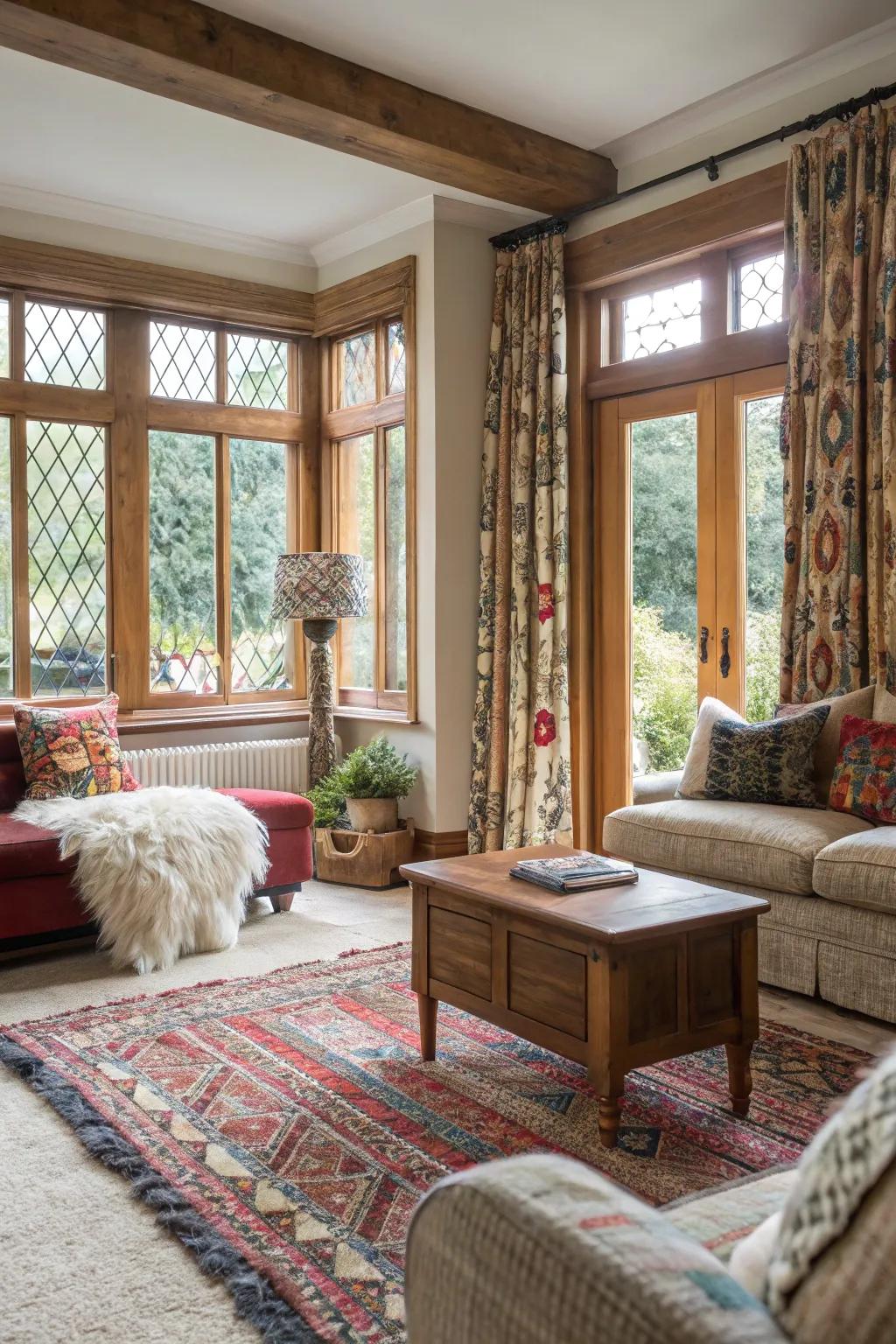 Mixing textures adds dimension and interest to casement windows.