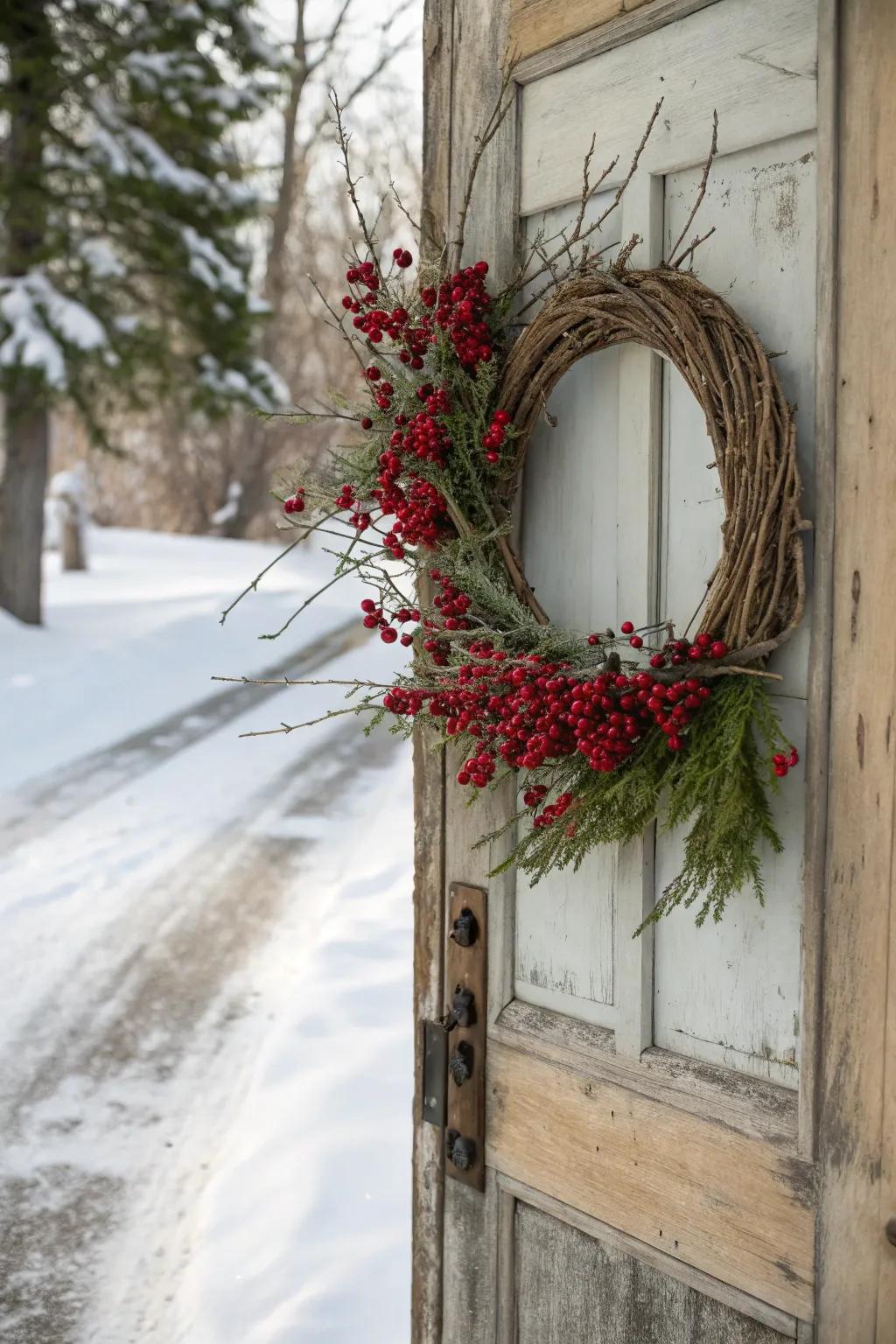 A twig and berry wreath offers rustic charm.